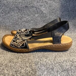 Rieker Sandals Womens 7.5 38‎ Black Antistress Open Tie Embroidered Studded Boho